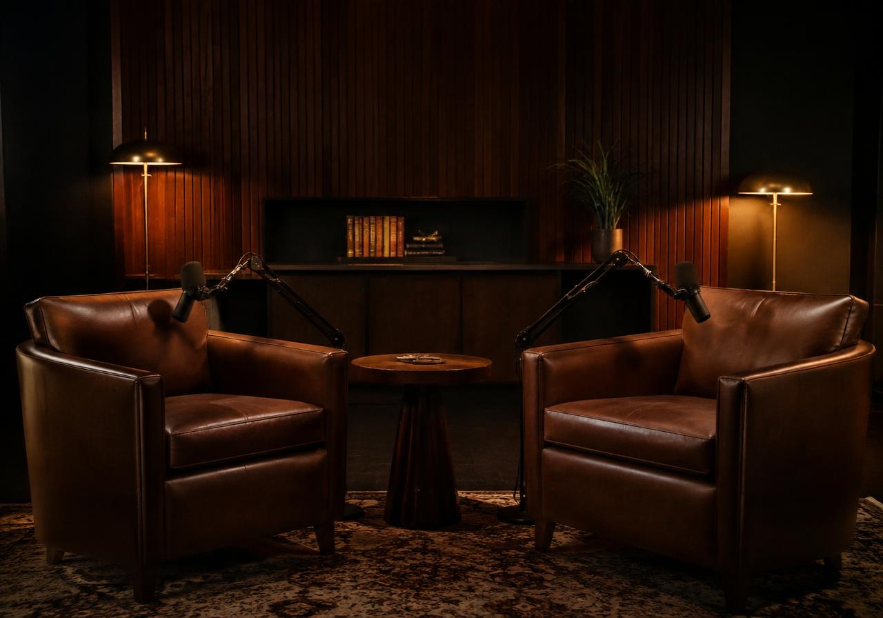 Podcast set with two leather armchairs and boom microphones under warm lamps